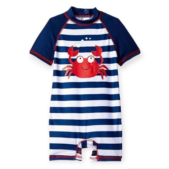 Wippette Baby Boys Navy Stripes Crab One Piece Rash Guard Swimsuit - Picture 1 of 5
